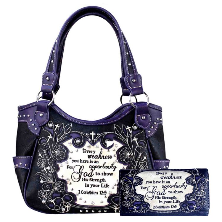 Purple Concealed Carry Bible Verse Embroidery Bag Purse and Wallet Set