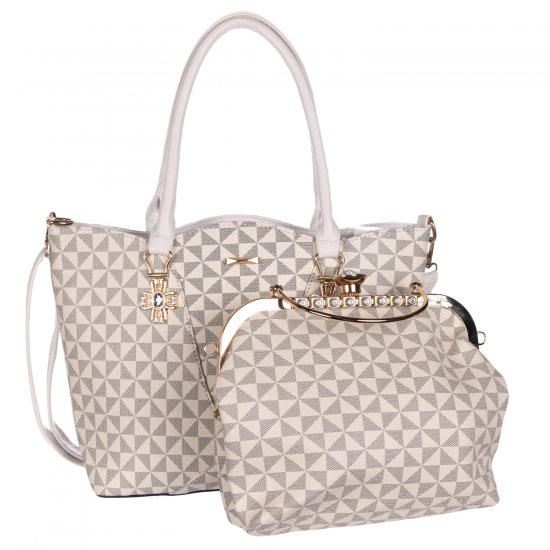 White Signature Inspired Fashion Handbag Purse 2 Pcs Set